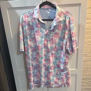 johnnie-O Pink and Blue Palm Print Golf Polo Shirt size L